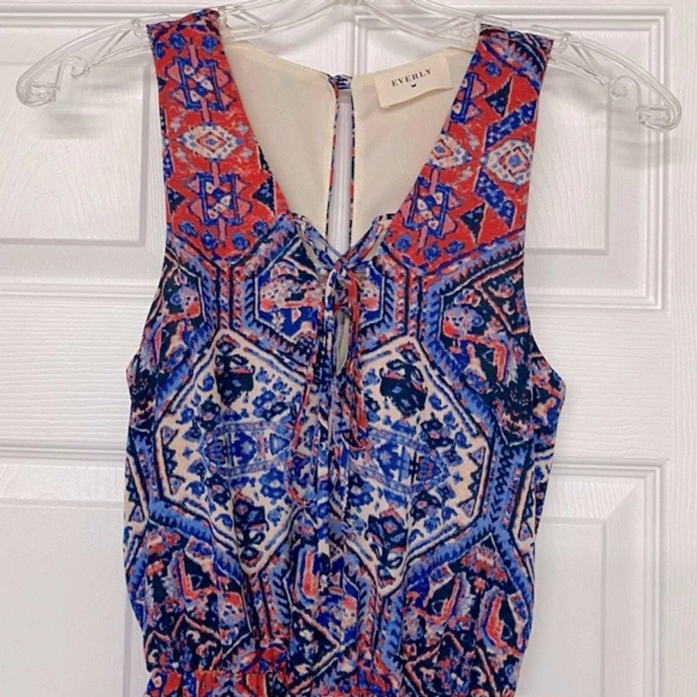 Everly Southwest Print Lace Up Front Navy Blue Romper Shorts Sz S